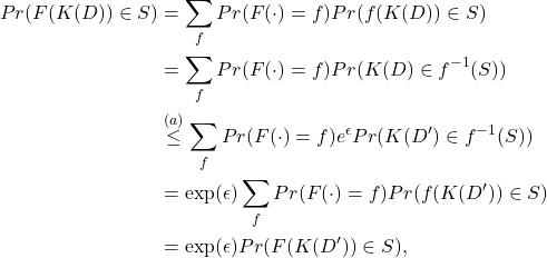 \begin{align*} Pr(F(K(D)) \in S ) & = \sum_f Pr(F(\cdot)=f) Pr(f(K(D)) \in S) \\ & = \sum_f Pr(F(\cdot)=f) Pr(K(D) \in f^{-1}(S)) \\ & \overset{(a)}{\le} \sum_f Pr(F(\cdot)=f) e^\epsilon Pr(K(D') \in f^{-1}(S)) \\ & = \exp(\epsilon) \sum_f Pr(F(\cdot)=f) Pr(f(K(D')) \in S) \\ & = \exp(\epsilon) Pr(F(K(D')) \in S), \end{align*}