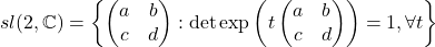 sl(2,\mathbb{C})=\left\{\begin{pmatrix}a&b\\c&d\end{pmatrix}: \det\exp \left(t\begin{pmatrix}a&b\\c&d\end{pmatrix} \right)= 1,\forall t \right\}