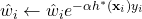 \hat w_i \leftarrow \hat w_i e^{-\alpha h^*({\bf x}_i)y_i}